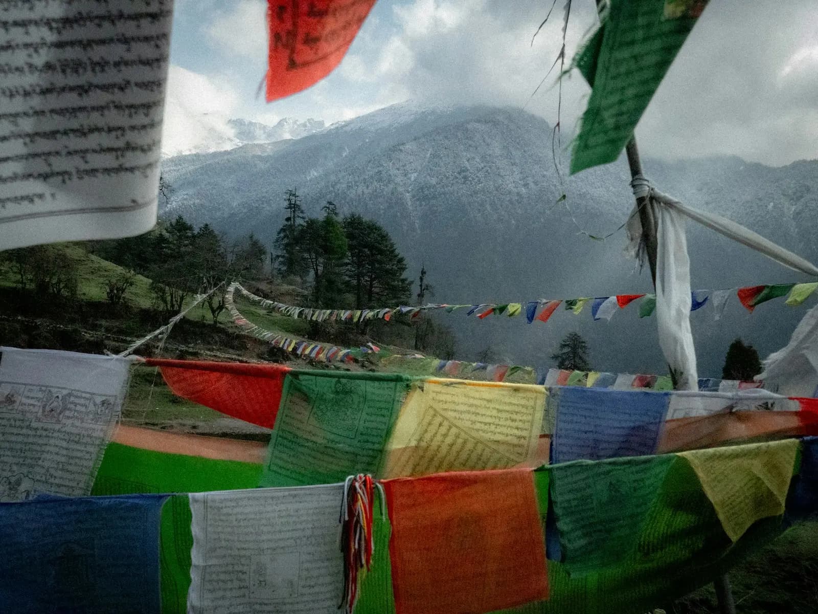 Colourful prayer flags in front of Himalayan mountains