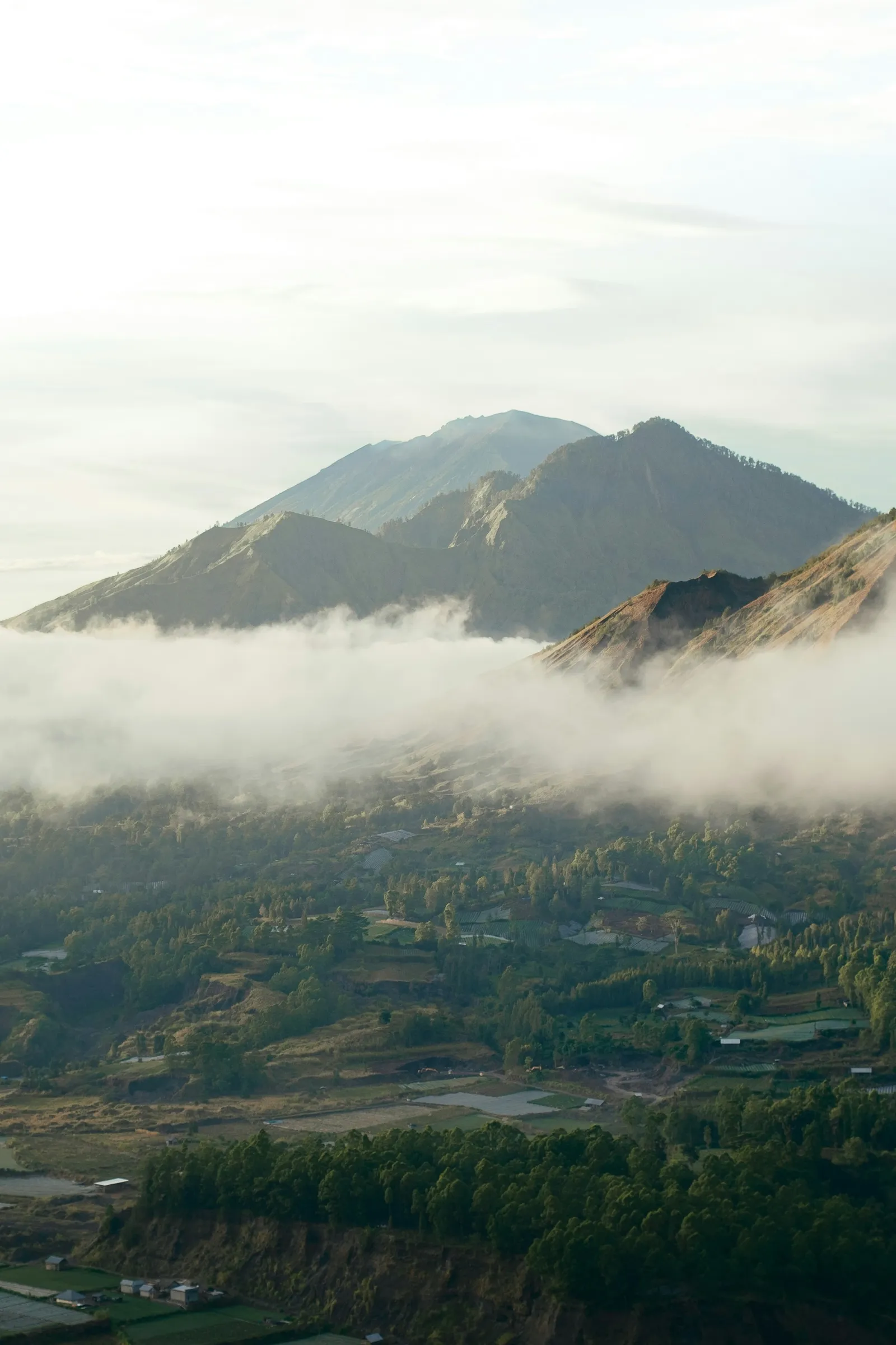 Mount Batur volcano and the valley below seen through morning mist from Kintamani