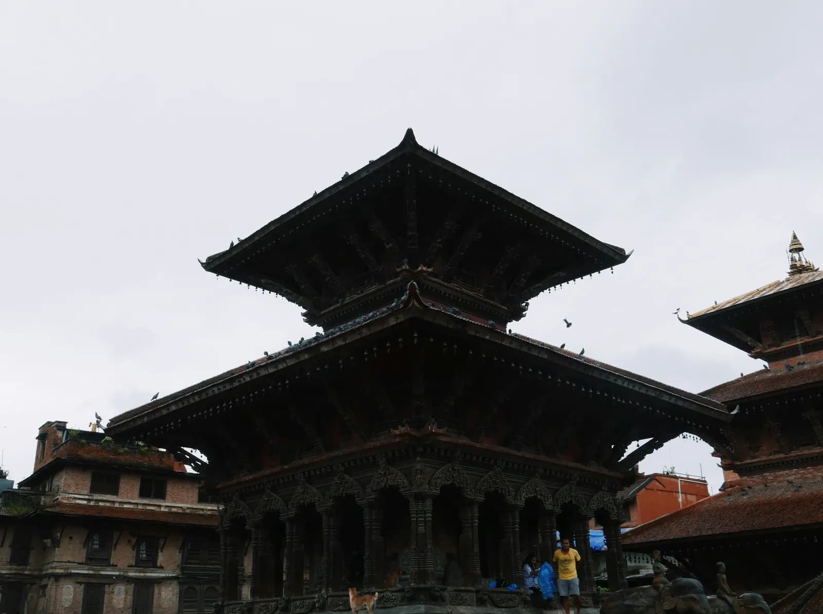 The tiered pagoda roofs of a temple at Patan Durbar Square, Nepal